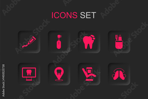 Set Dental clinic location, Electric toothbrush, Tube of toothpaste, Medical dental chair, Toothbrush and, plate, Broken and Online care icon. Vector