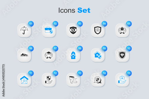 Set Shield, Education grant, Briefcase with shield, House, Hand holding briefcase, Life insurance, Umbrella and Fire burning house icon. Vector