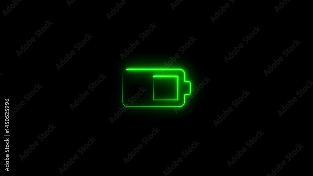 Glowing green neon battery icon against a dark black background for technology concepts Glowing green neon battery icon against a dark black background for technology concepts
