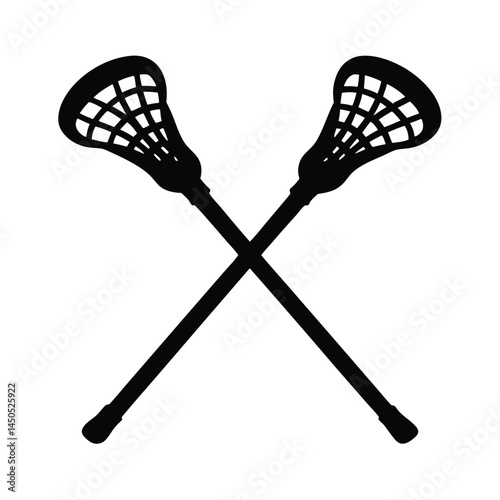 Black silhouette of two crossed lacrosse sticks isolated on a white background