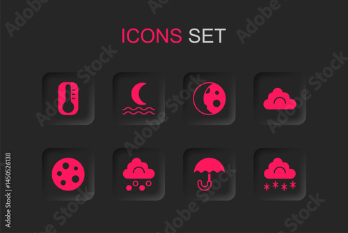 Set Hail cloud, Night fog or smoke, Thermometer, Umbrella, Cloud, with snow, Moon phases and icon. Vector