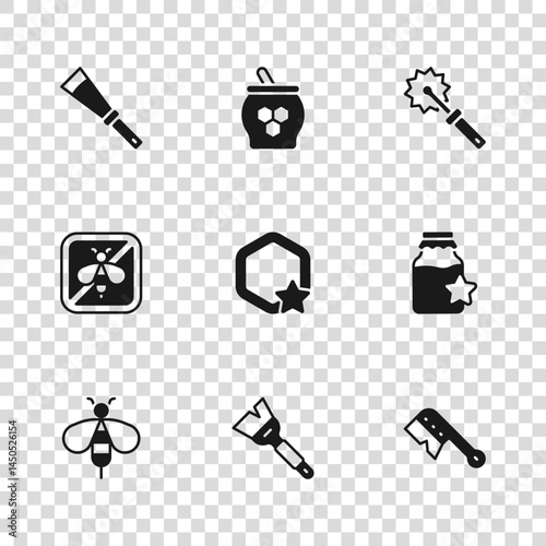 Set Beekeeping brush, Jar of honey, Honeycomb, Cutter roll for, knife, and dipper stick and Stop bee icon. Vector