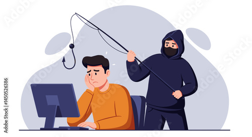 Vector illustration about internet security depicting a hacker attempting to perform a phishing attack on a frustrated user at a computer