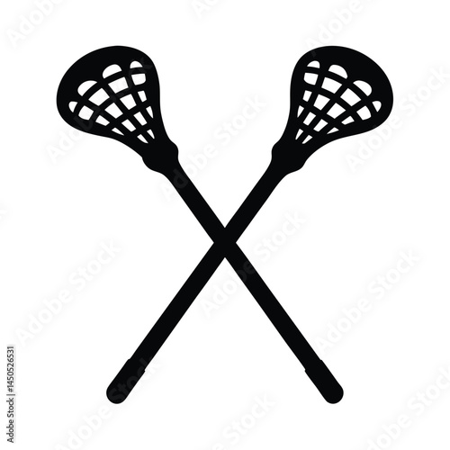 Black silhouette of two crossed lacrosse sticks isolated on a white background