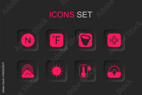 Set Sun, Fahrenheit, Compass north, Thermometer, Snowflake, Sunset, Tornado and Rainbow with cloud icon. Vector