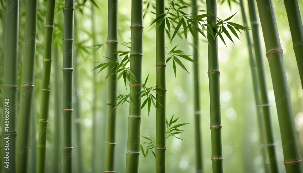 Fototapeta premium A peaceful view showcases multiple bamboo stalks in a lush green forest setting.