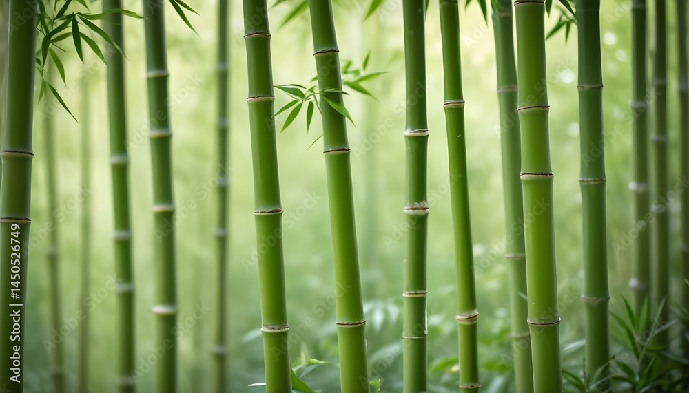 Fototapeta premium Close-up of a vibrant bamboo forest with lush greenery, creating a tranquil scene.
