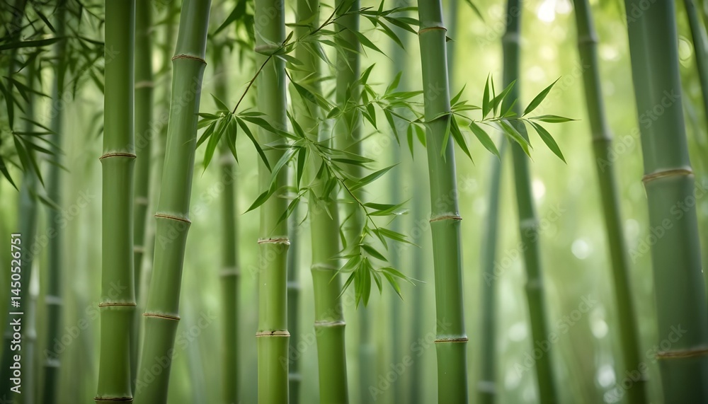 Fototapeta premium Beautiful view of a lush bamboo forest, with vibrant green stalks and leaves