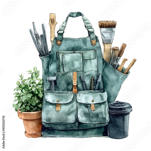watercolor of Gardeners Apron With Tools, vector, isolated on a white background.