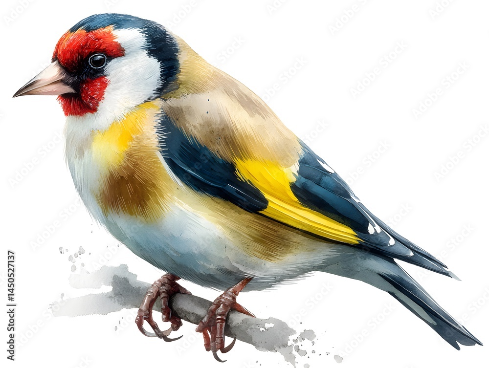 Naklejka premium A vibrant goldfinch perched on a branch is depicted in a detailed watercolor painting showcasing its striking plumage and intricate details.