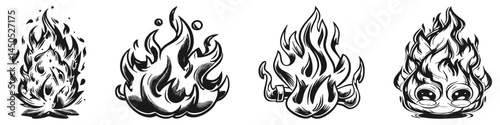 A unique illustration of a single flame in black and white, showcasing dynamic movement and design elements in a stylized manner.