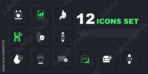 Set No burger, Smart watch with heart, Healthy lifestyle, Kcal, GMO, Diet plan and icon. Vector