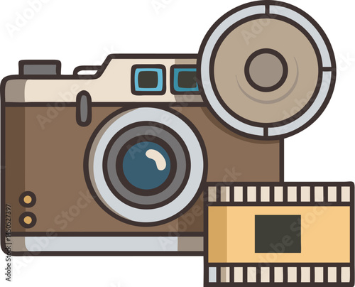 A vintage camera with a large lens and a film roll, placed on an old wooden desk