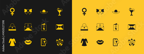 Set Martini glass, Smiling lips, Greeting card with 8 March, Mobile heart, Envelope, Elegant women hat, Female gender symbol and Gift bow icon. Vector