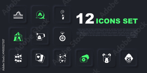 Set Bear head, Clown, Cannon, Circus ticket, tent, Playing cards, and Carnival garland with flags icon. Vector