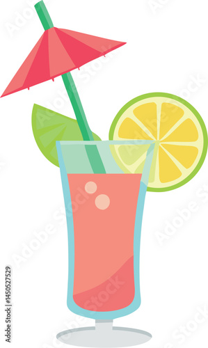 A tropical cocktail in a tall glass garnished with fruit, served on a beachside table