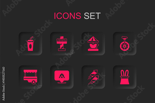 Set Circus tent, Attraction carousel, Paper glass with water, Firework rocket, Unicycle, Magician hat and rabbit ears, and Fast street food cart icon. Vector