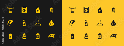 Set Bottle for detergent, Dishwashing liquid bottle, Hanger wardrobe, Antibacterial soap, Cleaning spray with, Kitchen apron, Towel hanger and Washer icon. Vector