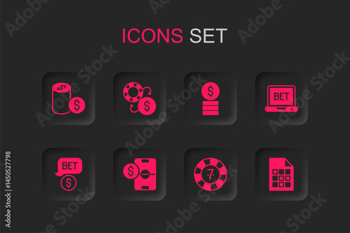 Set Football betting money, Casino chips exchange, with dollar, Online sports, Lottery ticket, and icon. Vector