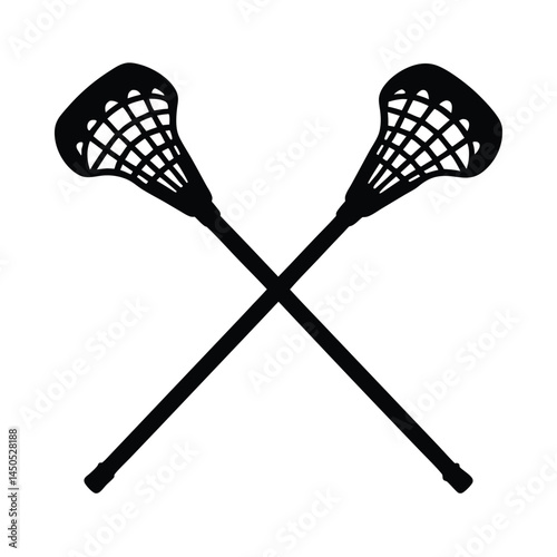 Black silhouette of two crossed lacrosse sticks isolated on a white background