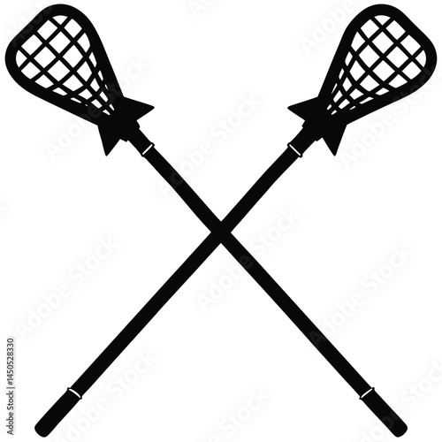 Black silhouette of two crossed lacrosse sticks isolated on a white background