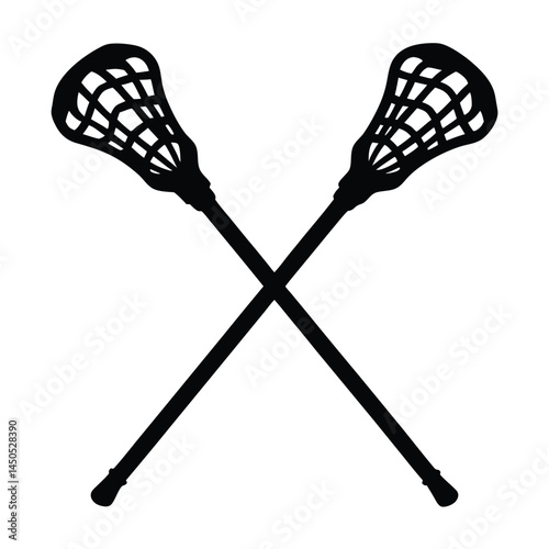 Black silhouette of two crossed lacrosse sticks isolated on a white background