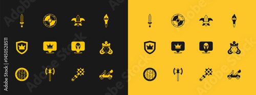 Set Torch flame, Medieval poleaxe, helmet, Mace with spikes, King crown, Fleur de lys lily flower, sword and Round shield icon. Vector