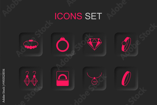 Set Diamond engagement ring in box, Bracelet jewelry, Locket necklace, Wedding, and Earrings icon. Vector