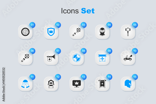 Set Medieval flag, Trumpet with, Shield crown, helmet, catapult, Round wooden shield and icon. Vector