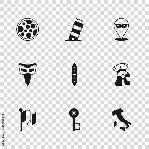 Set Old key, Roman army helmet, Map of Italy, French baguette bread, Carnival mask, Pizza, Leaning tower in Pisa and icon. Vector