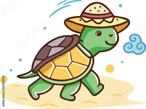 A small turtle wearing a hat slowly walking along a sandy beach with ocean waves