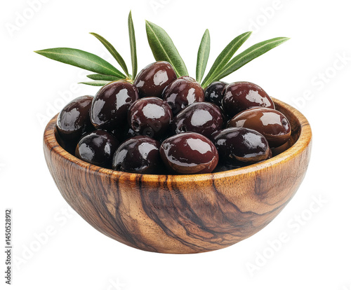Harvesting fresh black olives in a wooden bowl gourmet food natural light top view isolated on transparent background