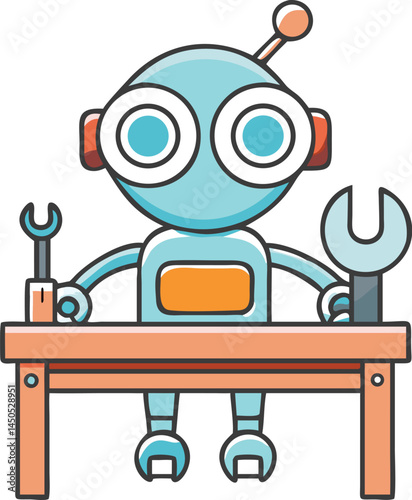 A small robot with big eyes holding a wrench and gears, standing in a futuristic workshop