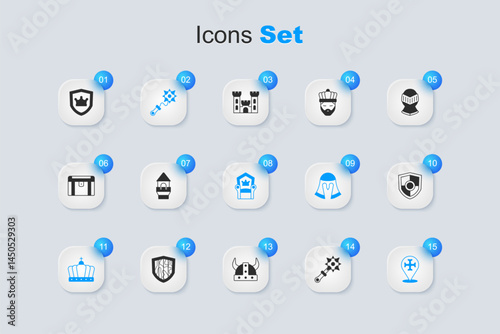 Set Mace with spikes, Castle tower, King crown, Crusade, Shield, and Medieval throne icon. Vector