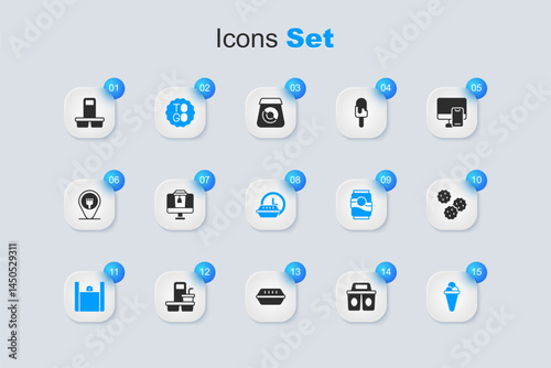 Set Coffee cup to go, Online ordering food, Ice cream waffle, Cookie biscuit, and Round the clock delivery icon. Vector