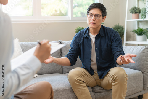 mental health care therapy concept, psychologist counseling to anxiety patient and giving guidance mental therapy care to cure mental health.