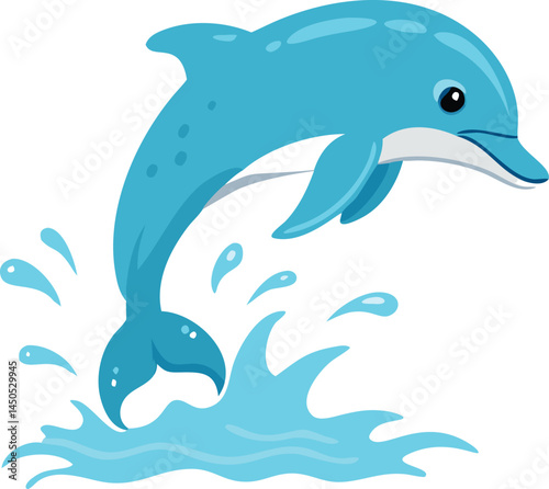 A playful dolphin jumping out of the water creating splashes, under a bright sunny sky