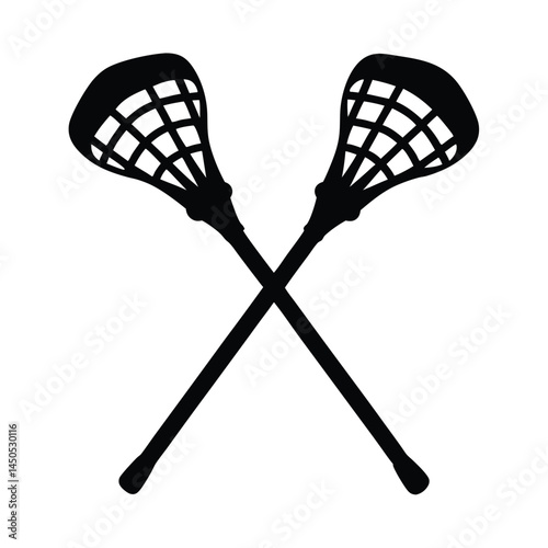 Black silhouette of two crossed lacrosse sticks isolated on a white background