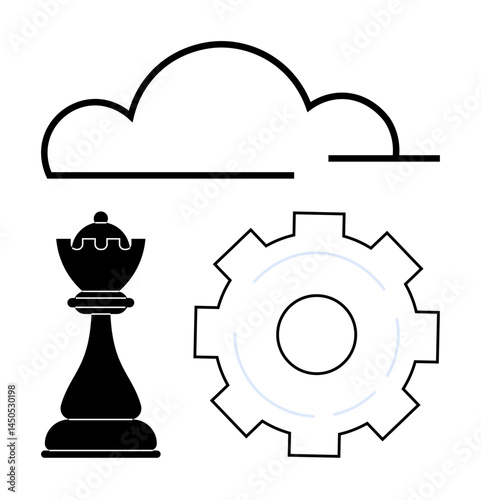 Cloud outline, chess king piece, and gear symbolizing cloud services, strategy, and efficiency. Ideal for technology, strategy, planning, innovation teamwork optimization and simple landing page