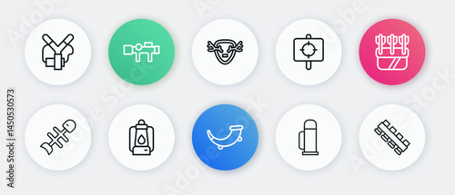 Set line Hunting horn, Quiver with arrows, Dead fish, Thermos container, Target sport, Deer antlers shield, cartridge belt and Camping lantern icon. Vector