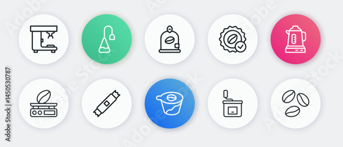 Set line Pour over coffee maker, Electric kettle, Electronic scales, Manual grinder, Medal for, Bag beans, Coffee and Sugar stick packets icon. Vector