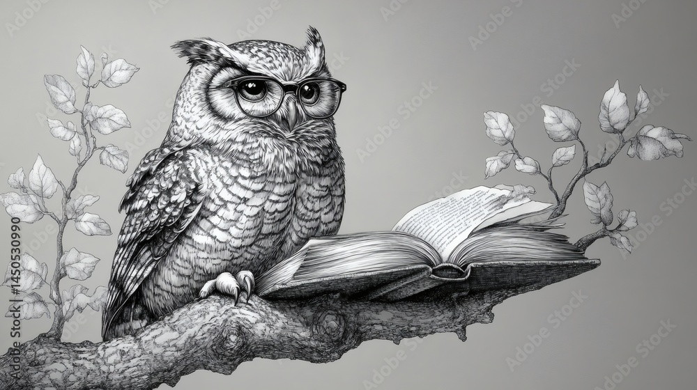 custom made wallpaper toronto digitalDetailed sketch of an owl wearing glasses reading book on a limb, knowledge and education concept, grayscale tones, avian study, intellectualism on a transparent background, PNG image, PNG file.