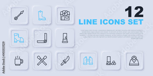Set line Cartridges, Hunt place, Trap hunting, Binoculars, Hunter boots, Burning match with fire, Waterproof rubber and knife icon. Vector