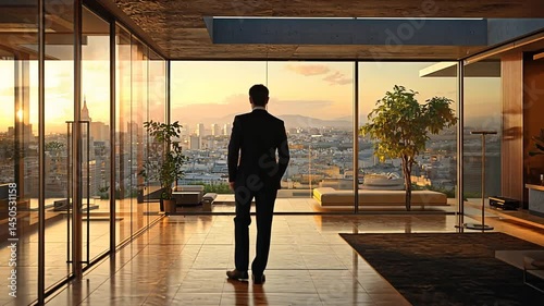 Wallpaper Mural Man in suit, admiring a breathtaking cityscape from his luxury penthouse at sunset. Torontodigital.ca