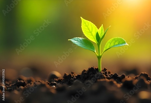 Young sapling, vibrant green leaves, rich brown soil, sunbeam, soft focus background, macro photography, growth, new life, hope, nature, environmental conservation, springtime, plant shoot, organic