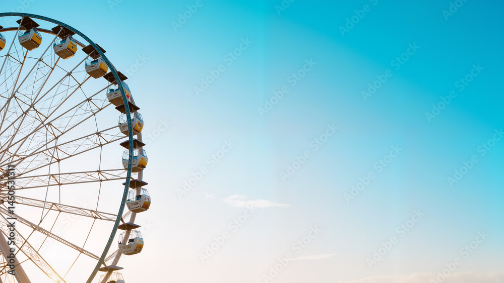 Fototapeta premium Ferris Wheel Silhouette Against Blue Sky - Vibrant Carnival Ride with Colorful Lights for Festival Season, Music Events, and Coachella-Inspired Content