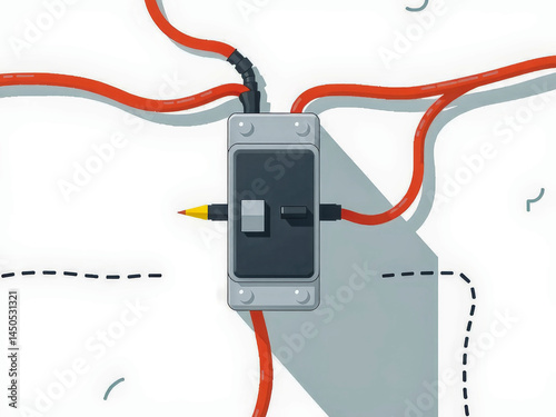 Obraz na płótnie A black box with a switch on it is surrounded by red wires. The wires are connected to a power source. Concept of danger and caution, as the wires are close to the box w salonie