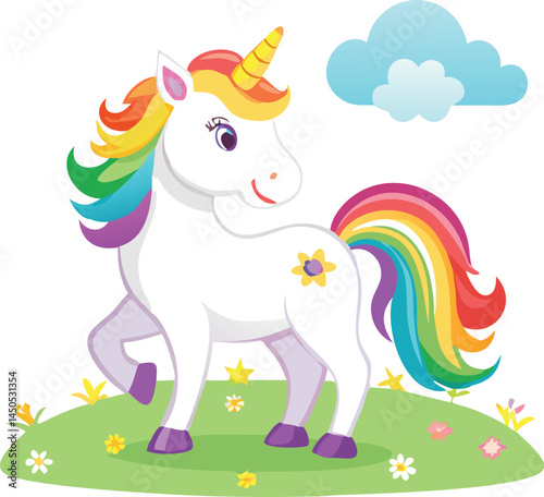 A happy unicorn with a rainbow-colored mane and tail prancing in a magical meadow