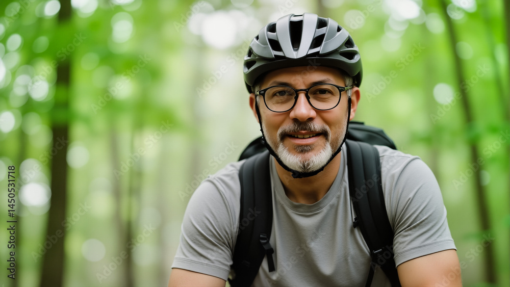 Fototapeta premium Middle Aged Man Cycling on Mountain Trail – Active Senior Enjoying Summer Ride in Nature for Elderly Fitness, Outdoor Recreation, and Healthy Aging Inspiration