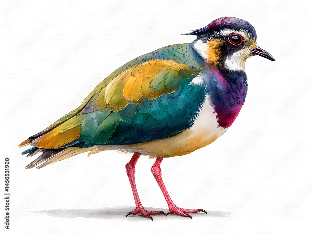 Fototapeta premium A vibrant illustration showcases a Northern Lapwing bird with incredibly detailed iridescent plumage against a clean white background.